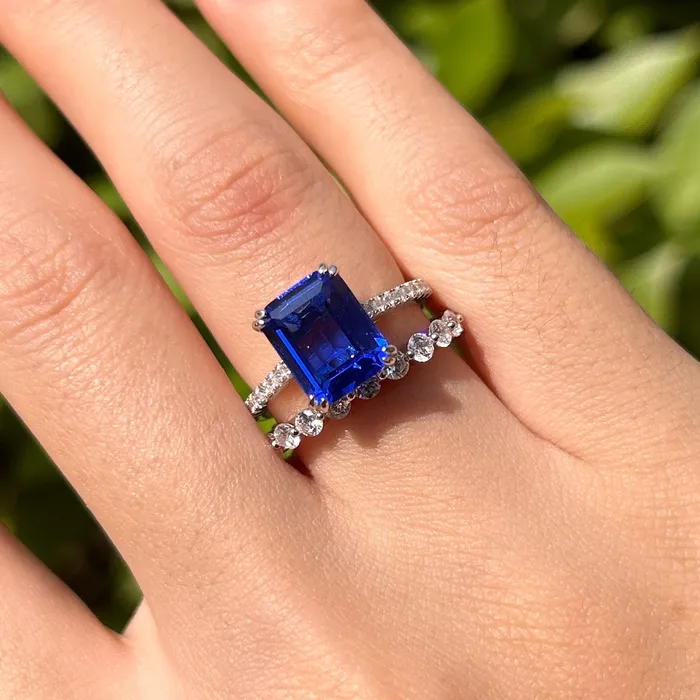 Vintage Blue Emerald Cut Sterling Silver Bridal Set Carly Jewelry Rings
