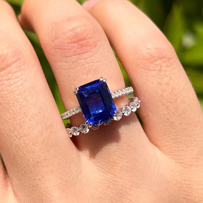 Vintage Blue Emerald Cut Sterling Silver Bridal Set Carly Jewelry Rings