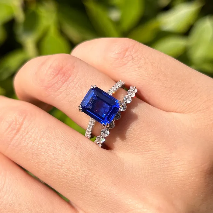 Vintage Blue Emerald Cut Sterling Silver Bridal Set Carly Jewelry Rings