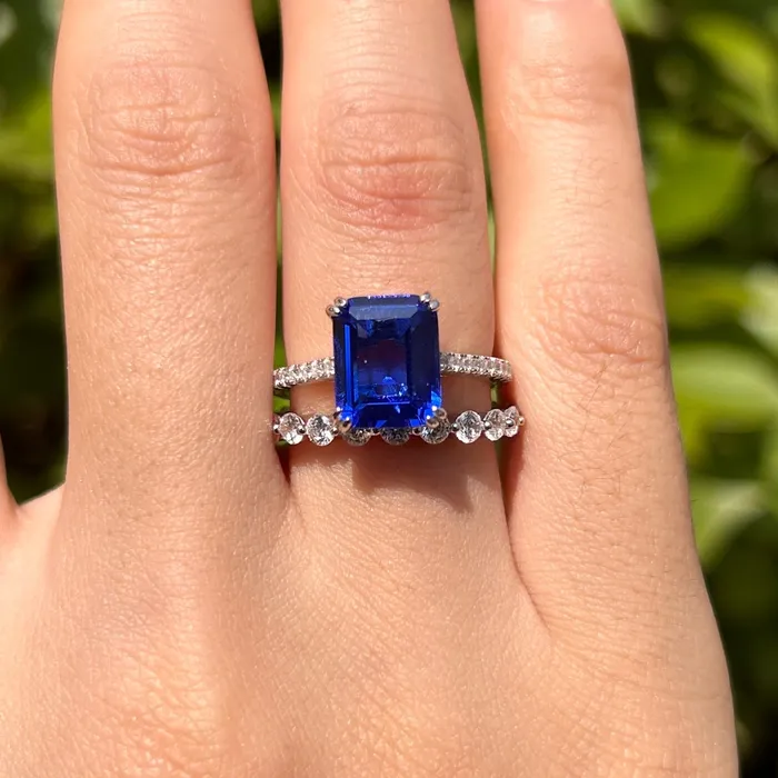 Vintage Blue Emerald Cut Sterling Silver Bridal Set Carly Jewelry Rings