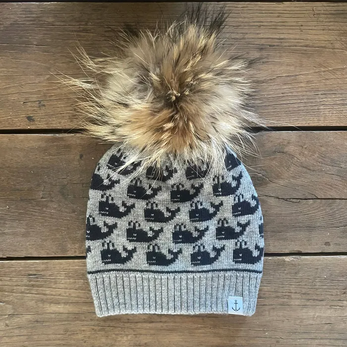 Whales Beanie in HeatherNavy with Natural Pom Real Fur Pom Pom Anchored Heart Necklaces Whales Beanie in HeatherNavy with Natural Pom Real Fur Pom Pom Anchored Heart Necklaces