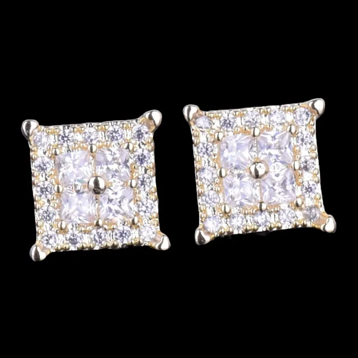 12MM Square Shiny Screw Back Iced Out Diamond Stud Earrings Icey Pyramid Earrings