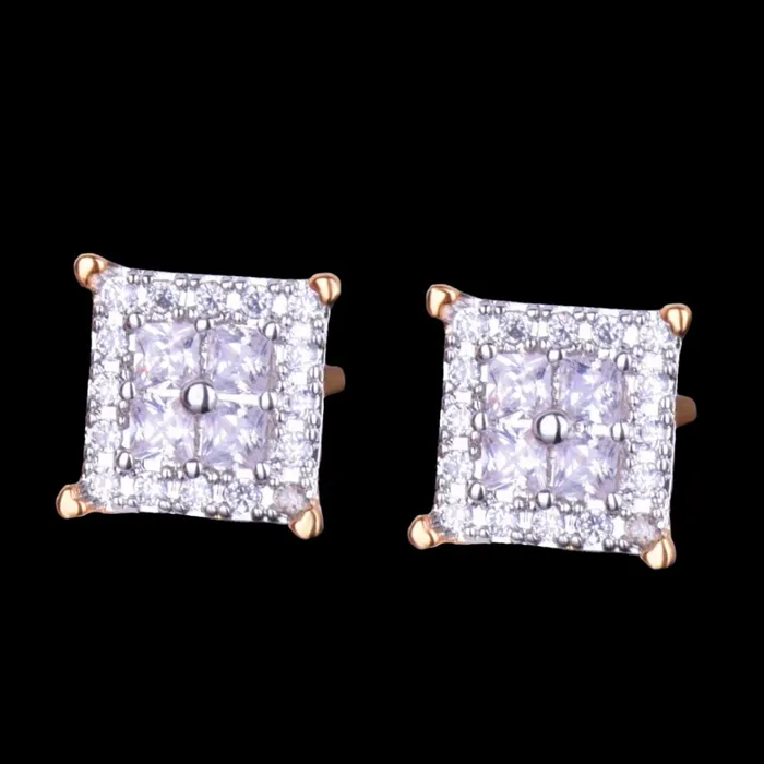 12MM Square Shiny Screw Back Iced Out Diamond Stud Earrings Icey Pyramid Earrings