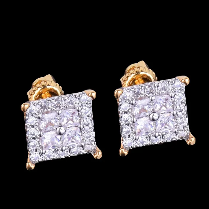 12MM Square Shiny Screw Back Iced Out Diamond Stud Earrings Icey Pyramid Earrings