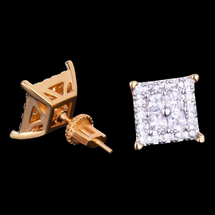 12MM Square Shiny Screw Back Iced Out Diamond Stud Earrings Icey Pyramid Earrings
