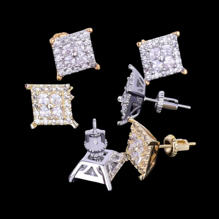 12MM Square Shiny Screw Back Iced Out Diamond Stud Earrings Icey Pyramid Earrings