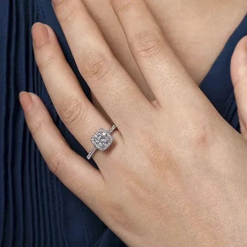 14K White Gold Cushion Halo Round Diamond Engagement Ring GABRIEL CO Rings