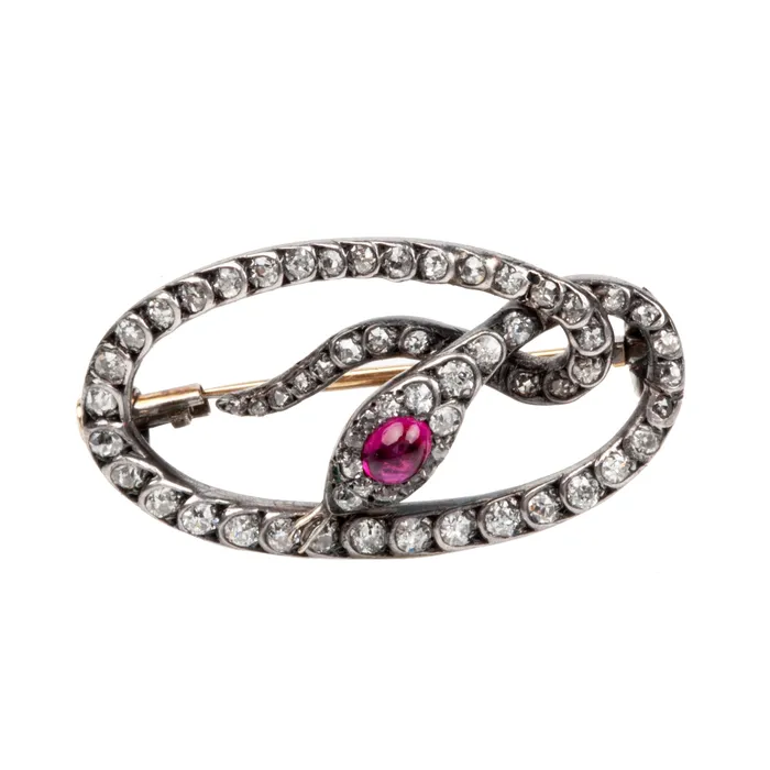 19th Century Diamond and Ruby Snake Brooch Bell Bird Antiques Necklaces