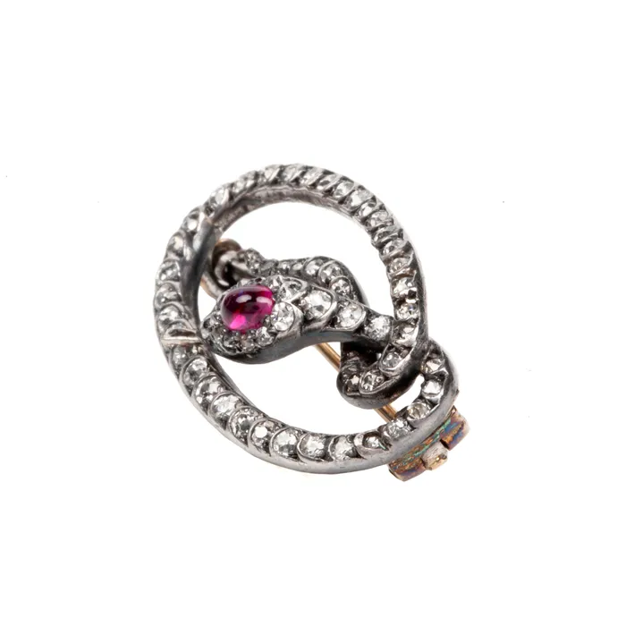 19th Century Diamond and Ruby Snake Brooch Bell Bird Antiques Necklaces