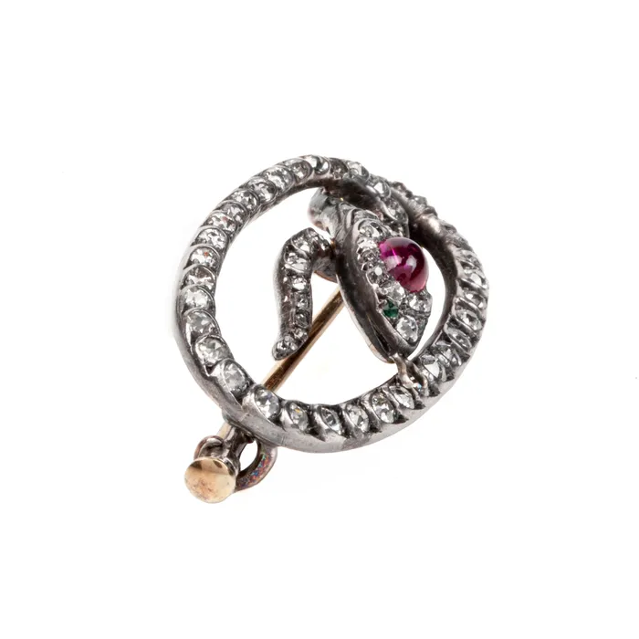 19th Century Diamond and Ruby Snake Brooch Bell Bird Antiques Necklaces