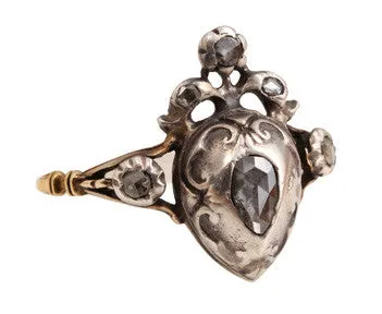 19th Century Flemish Diamond Heart Ring Bell Bird Antiques Rings