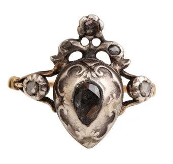 19th Century Flemish Diamond Heart Ring Bell Bird Antiques Rings