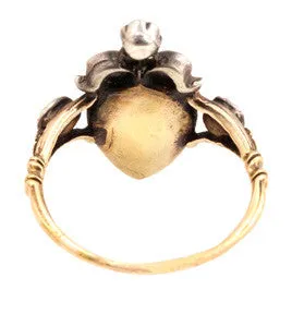 19th Century Flemish Diamond Heart Ring Bell Bird Antiques Rings