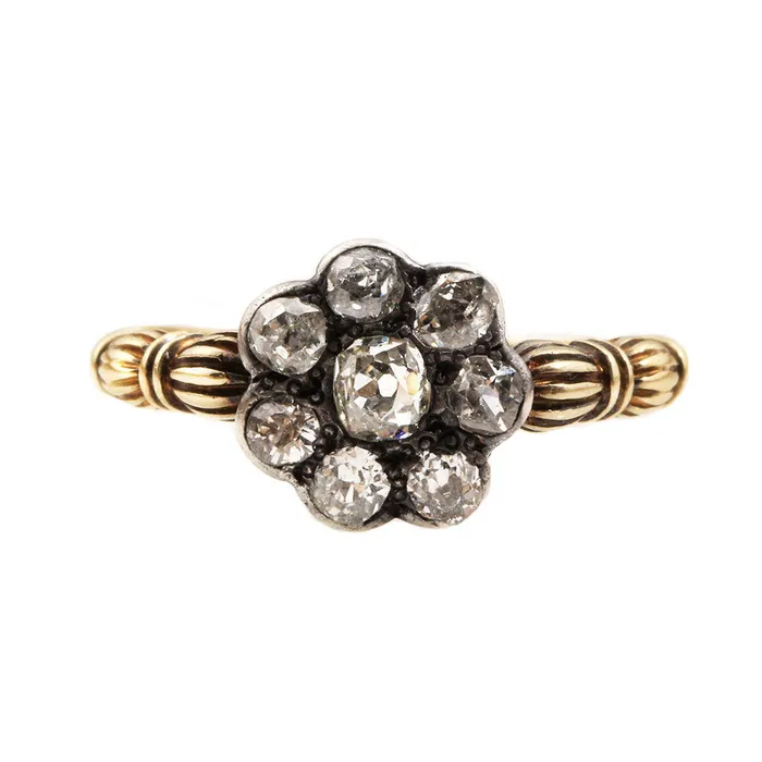 19th Century Old Mine Cut Diamond Cluster Ring Bell Bird Antiques Rings