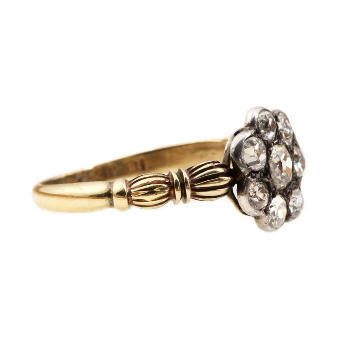 19th Century Old Mine Cut Diamond Cluster Ring Bell Bird Antiques Rings