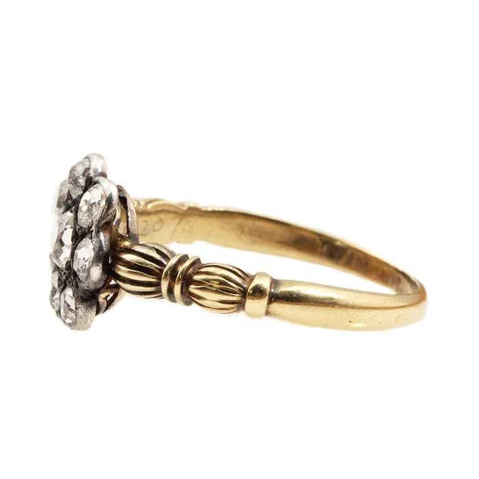 19th Century Old Mine Cut Diamond Cluster Ring Bell Bird Antiques Rings