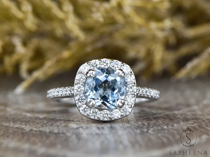 Aureola 15 Ct Cushion Cut Halo Aquamarine Engagement Ring with Diamond Side Stones Sapheena Jewelry Rings