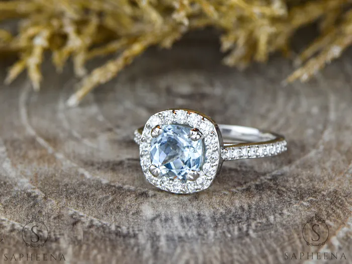 Aureola 15 Ct Cushion Cut Halo Aquamarine Engagement Ring with Diamond Side Stones Sapheena Jewelry Rings