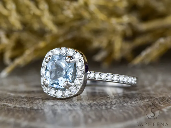 Aureola 15 Ct Cushion Cut Halo Aquamarine Engagement Ring with Diamond Side Stones Sapheena Jewelry Rings