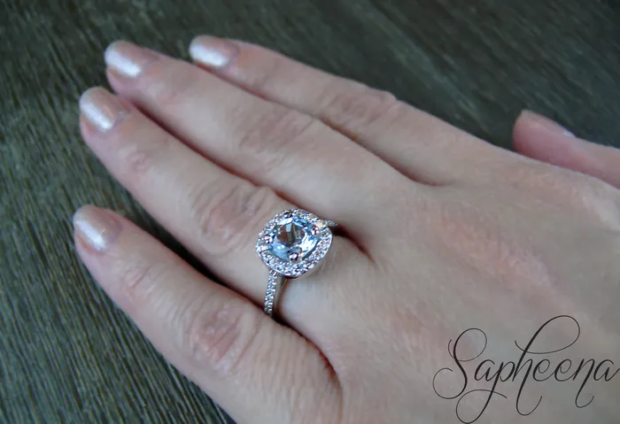 Aureola 15 Ct Cushion Cut Halo Aquamarine Engagement Ring with Diamond Side Stones Sapheena Jewelry Rings