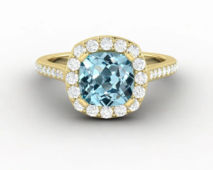Aureola 15 Ct Cushion Cut Halo Aquamarine Engagement Ring with Diamond Side Stones Sapheena Jewelry Rings