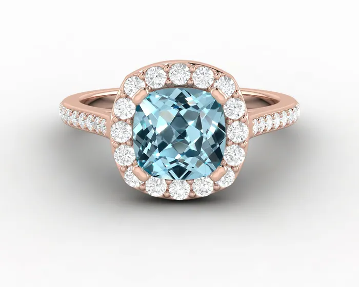 Aureola 15 Ct Cushion Cut Halo Aquamarine Engagement Ring with Diamond Side Stones Sapheena Jewelry Rings
