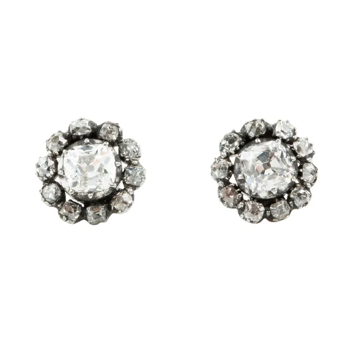 Bell Bird Antiques Earrings 19th Century old mine cut diamond cluster earrings Bell Bird Antiques Earrings 19th Century old mine cut diamond cluster earrings