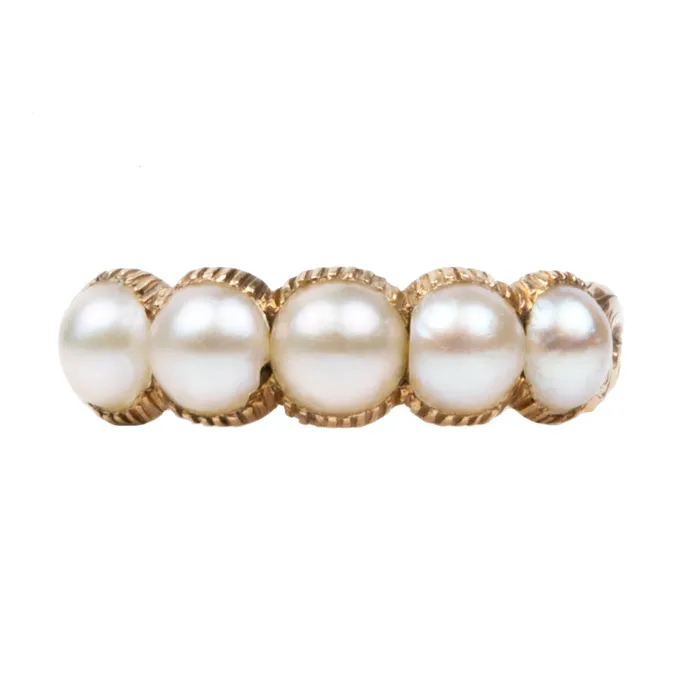 Bell Bird Antiques Earrings Early Victorian Pearl Half Hoop Band in 18k Gold Bell Bird Antiques Earrings Early Victorian Pearl Half Hoop Band in 18k Gold