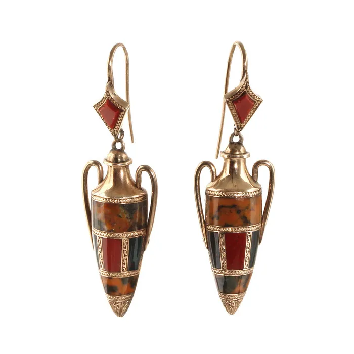 Bell Bird Antiques Earrings Victorian Scottish Agate Gold Amphora Earrings Bell Bird Antiques Earrings Victorian Scottish Agate Gold Amphora Earrings