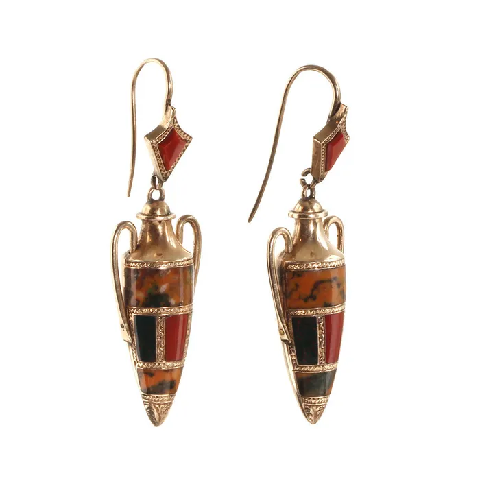 Bell Bird Antiques Earrings Victorian Scottish Agate Gold Amphora Earrings
