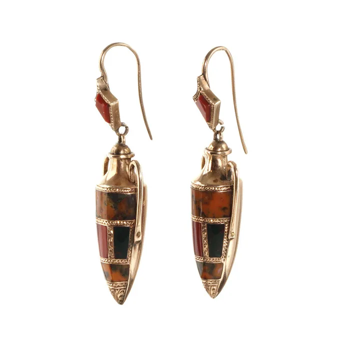 Bell Bird Antiques Earrings Victorian Scottish Agate Gold Amphora Earrings