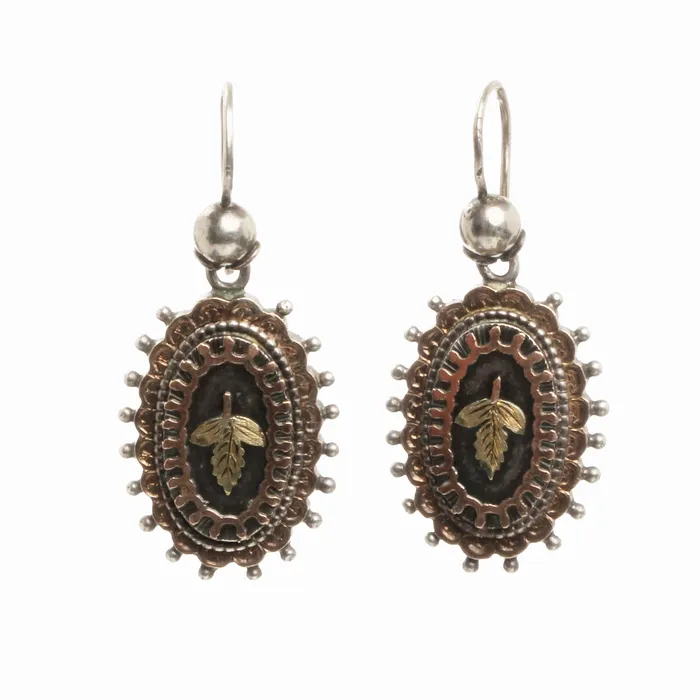 Bell Bird Antiques Earrings Victorian Silver and Gold Leaf Earrings