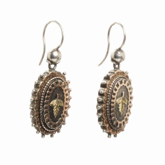 Bell Bird Antiques Earrings Victorian Silver and Gold Leaf Earrings