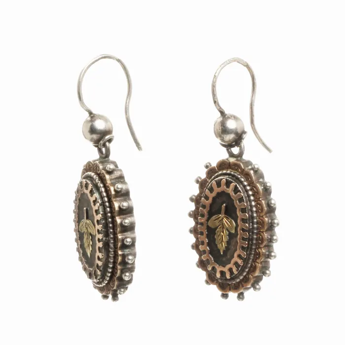 Bell Bird Antiques Earrings Victorian Silver and Gold Leaf Earrings