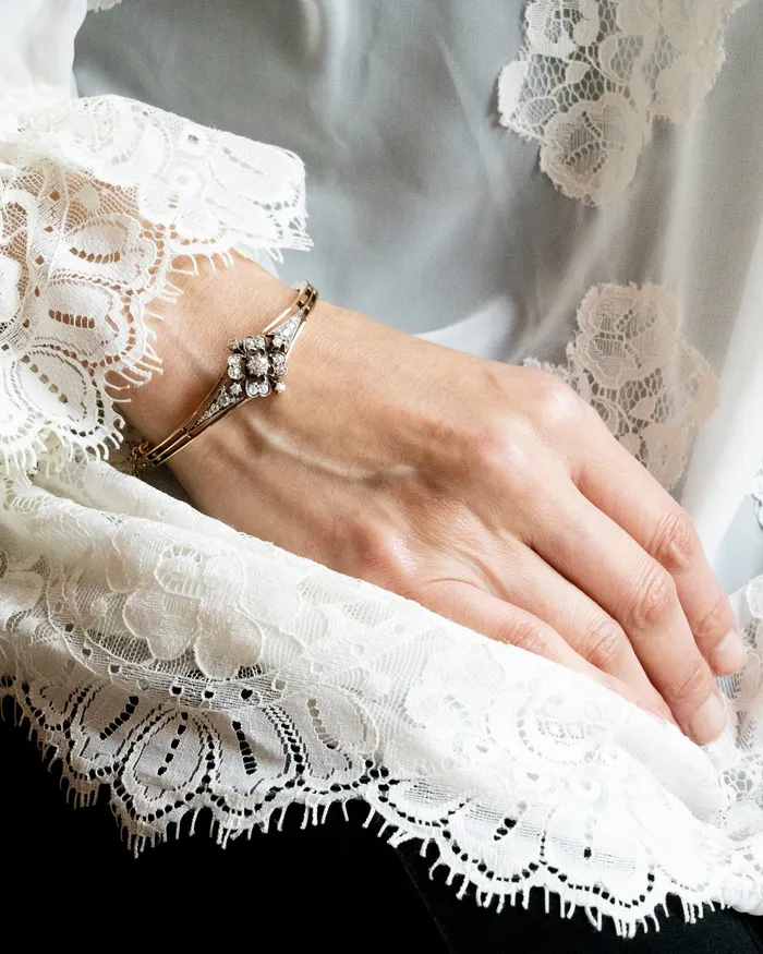 Bell Bird Antiques Late 19th Century Floral Diamond Bangle Bracelets