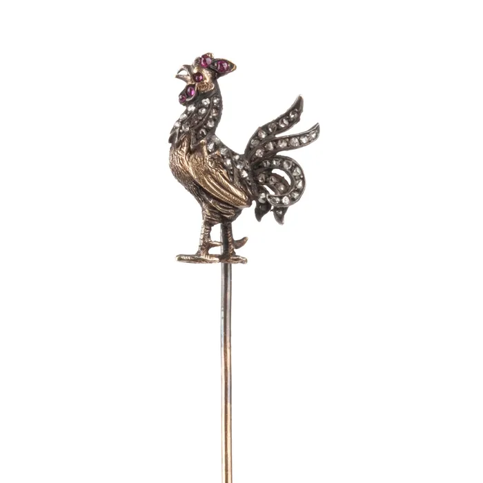 Bell Bird Antiques Necklaces 19th Century French Diamond and Ruby Rooster Pin