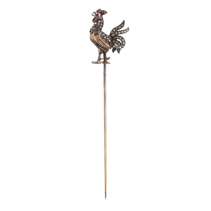 Bell Bird Antiques Necklaces 19th Century French Diamond and Ruby Rooster Pin