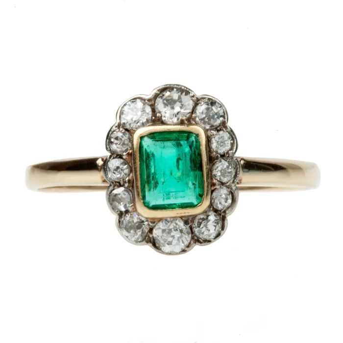 Bell Bird Antiques Rings 19th Century Emerald and Diamond Cluster Ring