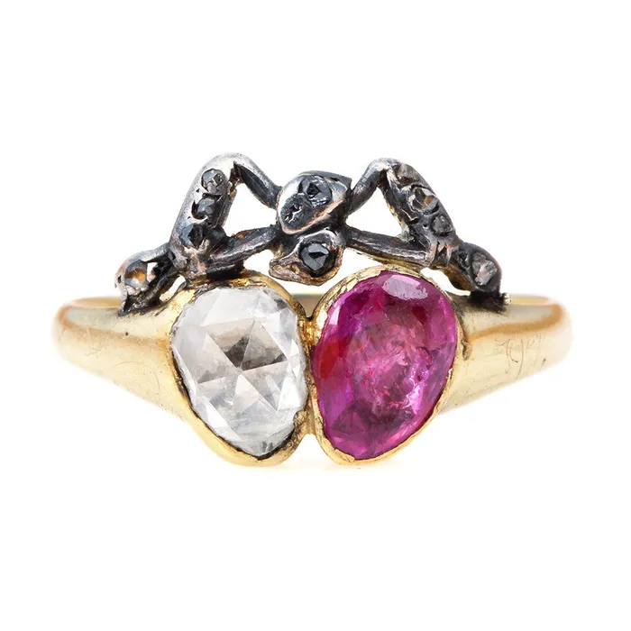 Bell Bird Antiques Rings Georgian Ruby Diamond Twin Heart Ring
