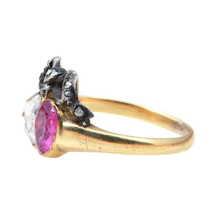 Bell Bird Antiques Rings Georgian Ruby Diamond Twin Heart Ring