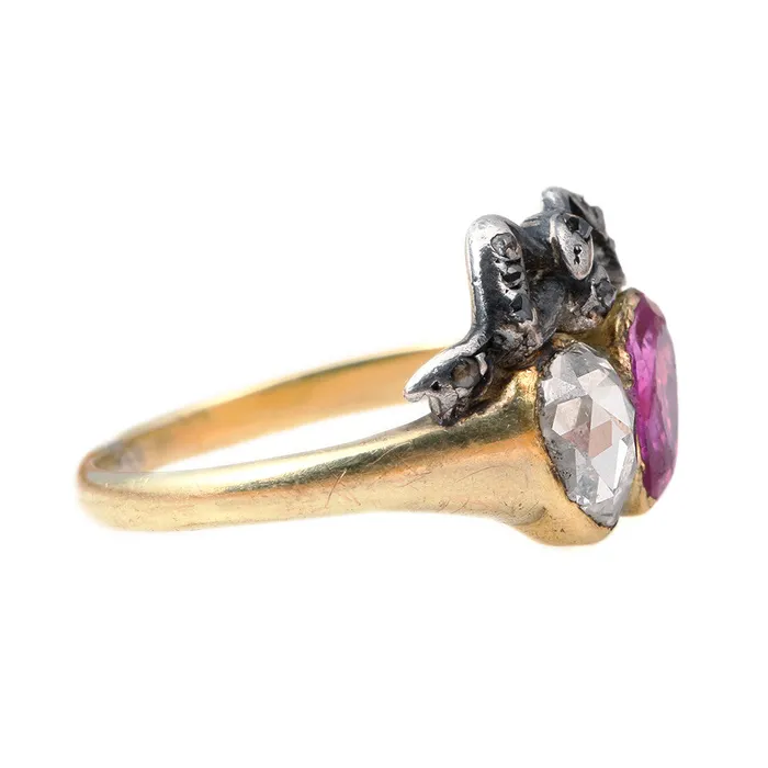 Bell Bird Antiques Rings Georgian Ruby Diamond Twin Heart Ring