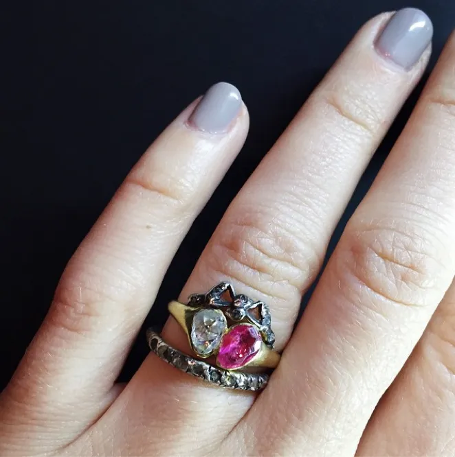 Bell Bird Antiques Rings Georgian Ruby Diamond Twin Heart Ring