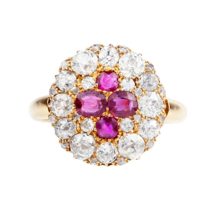Bell Bird Antiques Rings Victorian era Ruby and old mine cut Diamond Cluster Ring