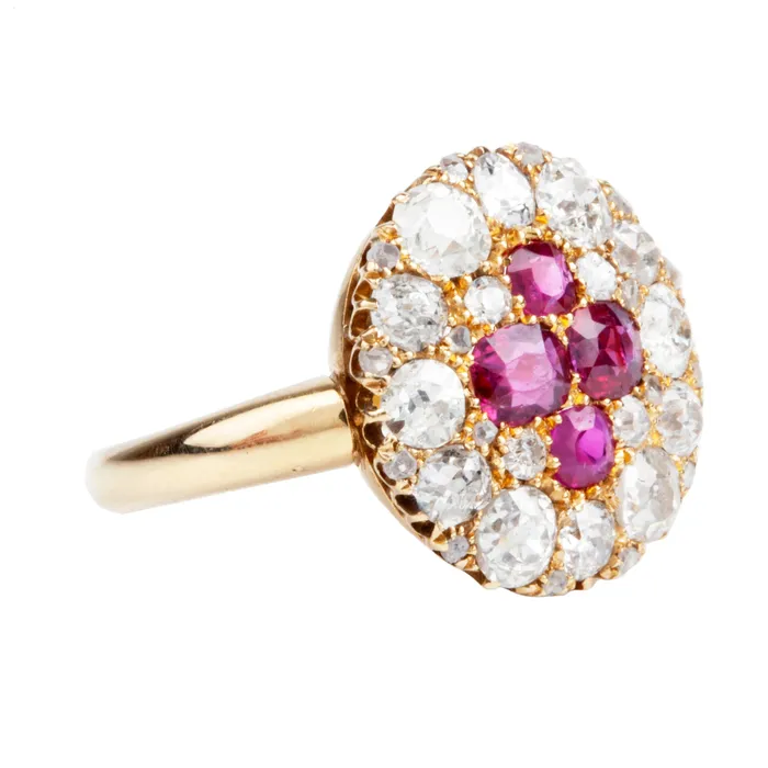 Bell Bird Antiques Rings Victorian era Ruby and old mine cut Diamond Cluster Ring