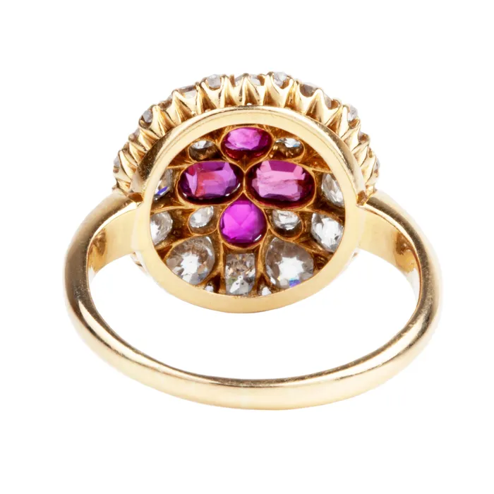 Bell Bird Antiques Rings Victorian era Ruby and old mine cut Diamond Cluster Ring