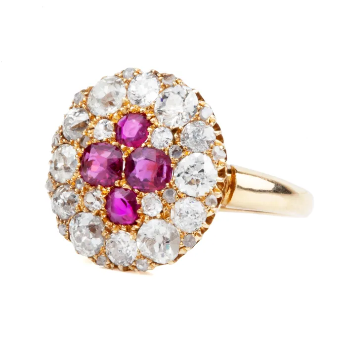 Bell Bird Antiques Rings Victorian era Ruby and old mine cut Diamond Cluster Ring