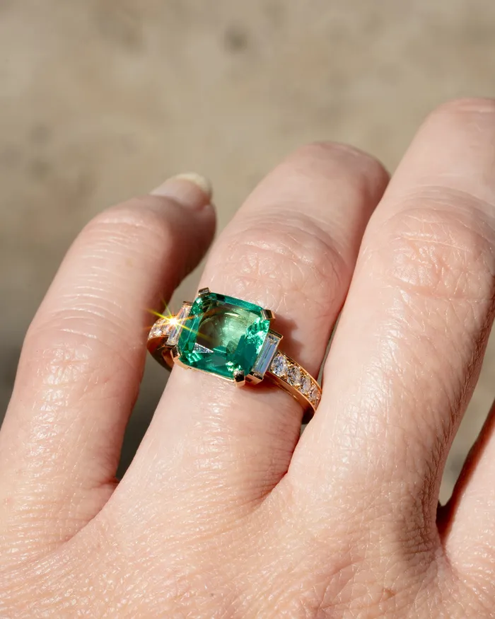 Bell Bird Emerald and Diamond Ring Bell Bird In House Rings