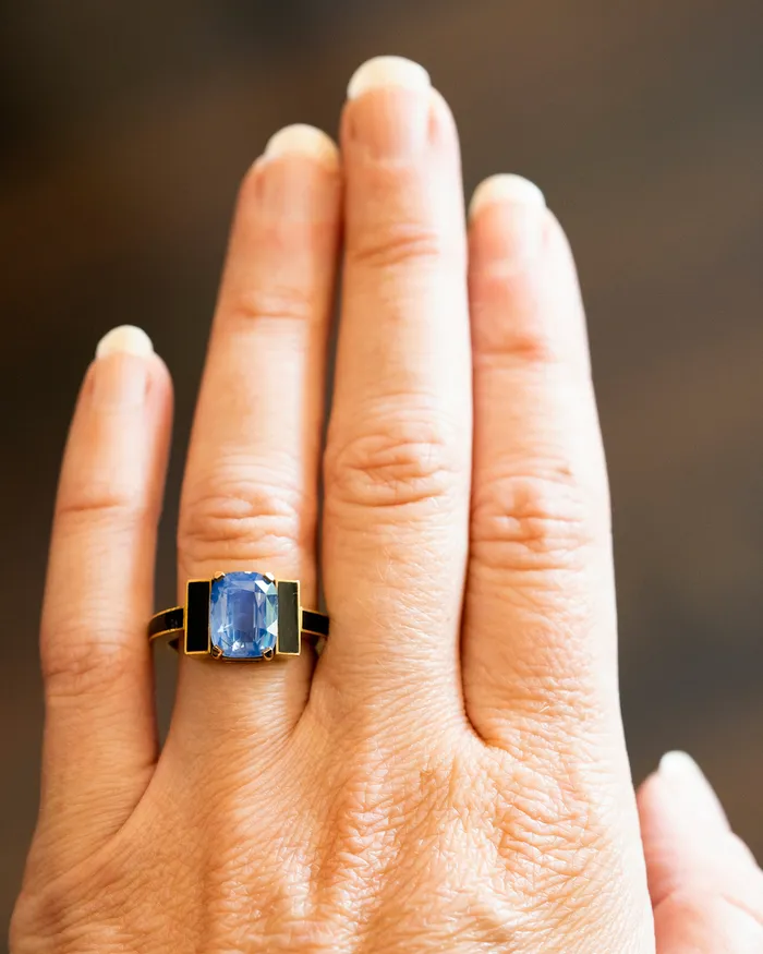 Bell Bird In House Rings Bell Bird Sapphire Ring with Black Enamel