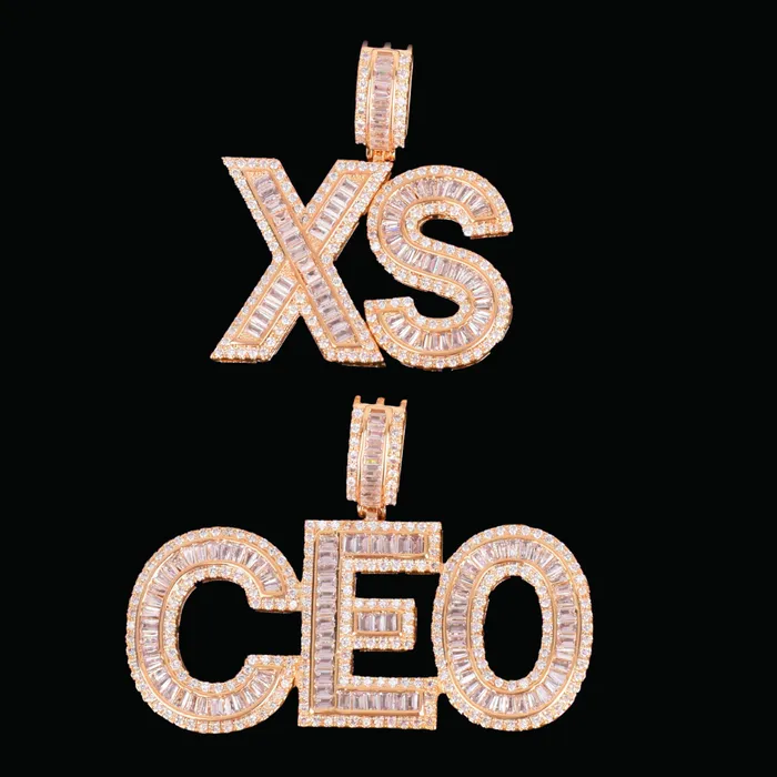 CLASSY BAGUETTE Necklaces Solid Baguette Letters Iced Out Personalized Custom Name Necklace Pendant