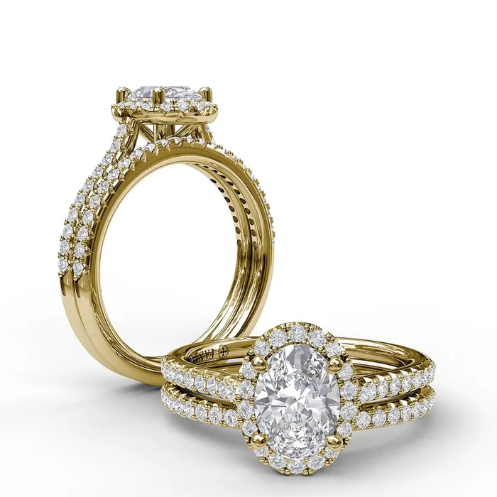 Delicate Oval Shaped Halo And Pave Band Engagement Ring FANA Rings